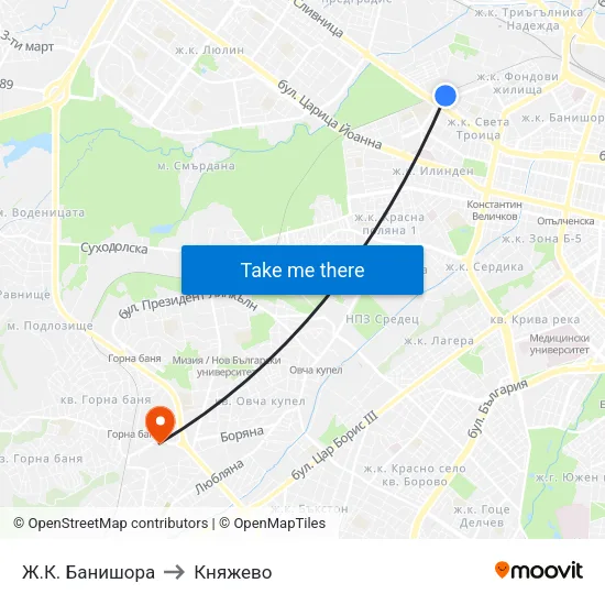 Ж.К. Банишора to Княжево map
