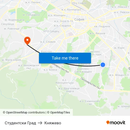Студентски Град to Княжево map