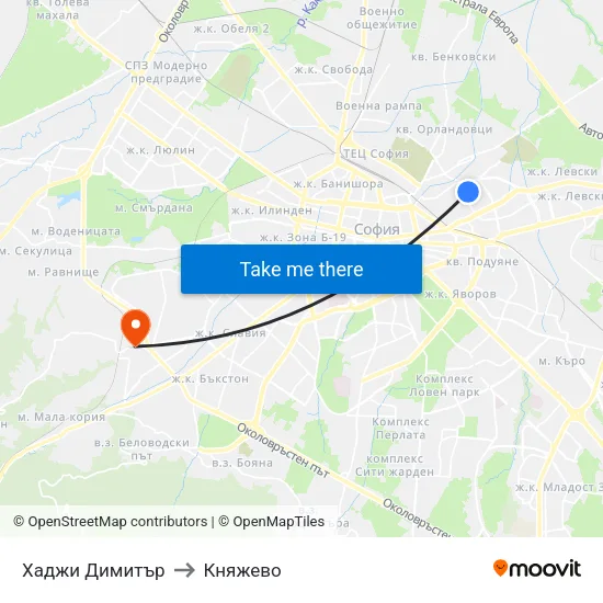 Хаджи Димитър to Княжево map