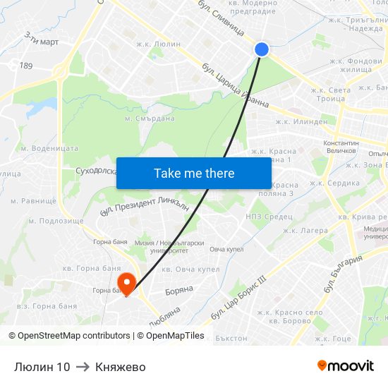 Люлин 10 to Княжево map