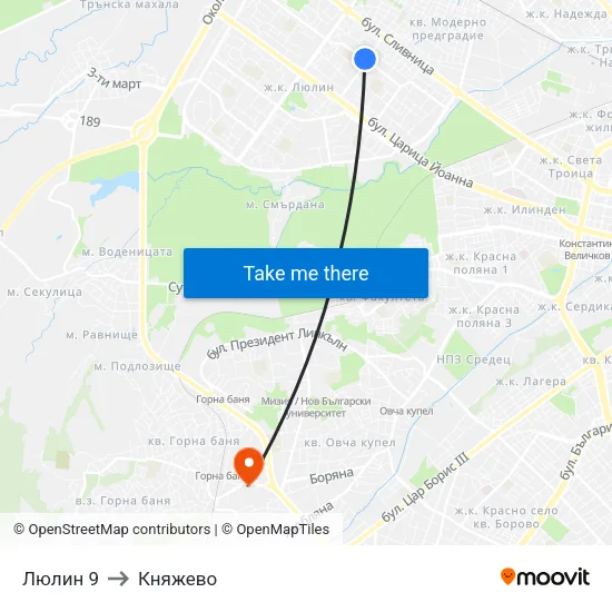 Люлин 9 to Княжево map