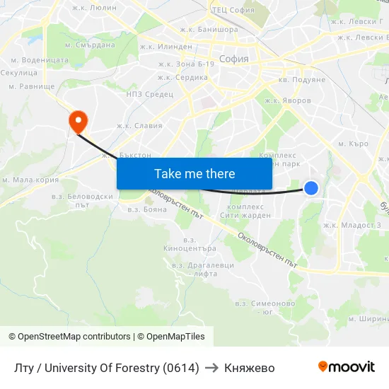 Лту / University Of Forestry (0614) to Княжево map