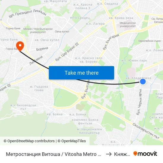Ⓜ️ Метростанция Витоша / Vitosha Metro Station (0909) to Княжево map