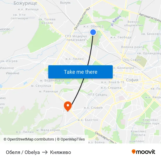 Обеля / Obelya to Княжево map