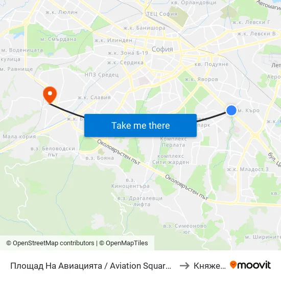 Площад На Авиацията / Aviation Square (1258) to Княжево map