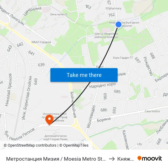 Ⓜ️ Метростанция Мизия / Moesia Metro Station (6089) to Княжево map