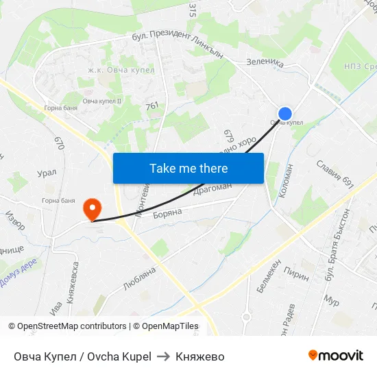 Овча Купел / Ovcha Kupel to Княжево map