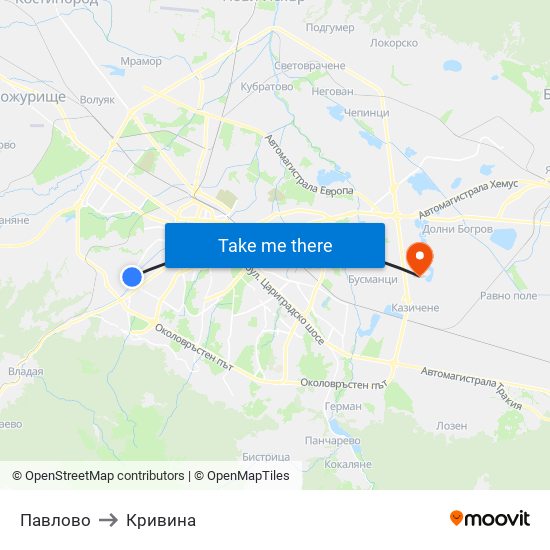 Павлово to Кривина map