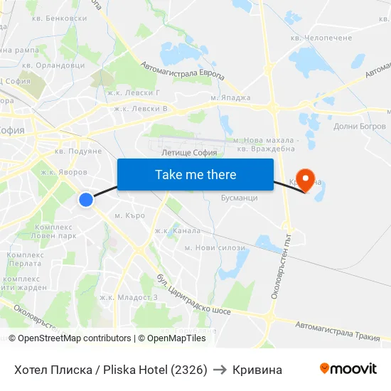 Хотел Плиска / Pliska Hotel (2326) to Кривина map