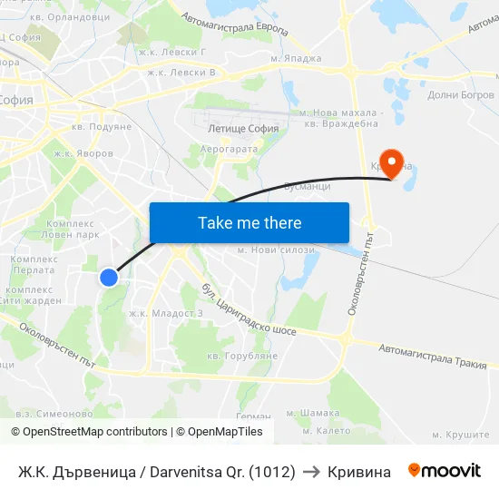 Ж.К. Дървеница / Darvenitsa Qr. (1012) to Кривина map
