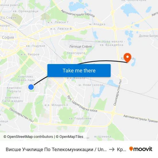 Висше Училище По Телекомуникации / University Of Telecommunications And Post (1397) to Кривина map