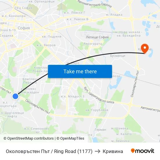 Околовръстен Път / Ring Road (1177) to Кривина map