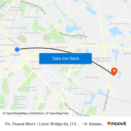 Ⓜ️ Пл. Лъвов Мост / Lions' Bridge Sq. (1275) to Кривина map