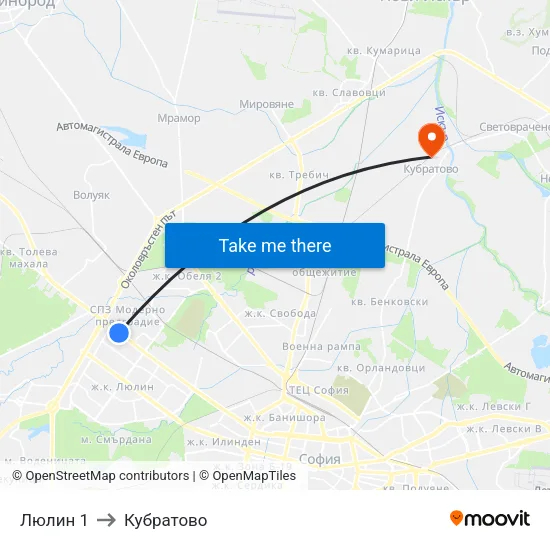 Люлин 1 to Кубратово map
