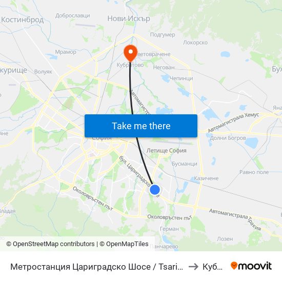 Метростанция Цариградско Шосе / Tsarigradsko Shosse Metro Station (1016) to Кубратово map