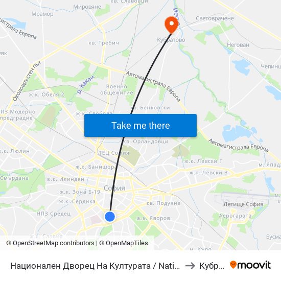 Национален Дворец На Културата / National Palace Of Culture (1139) to Кубратово map