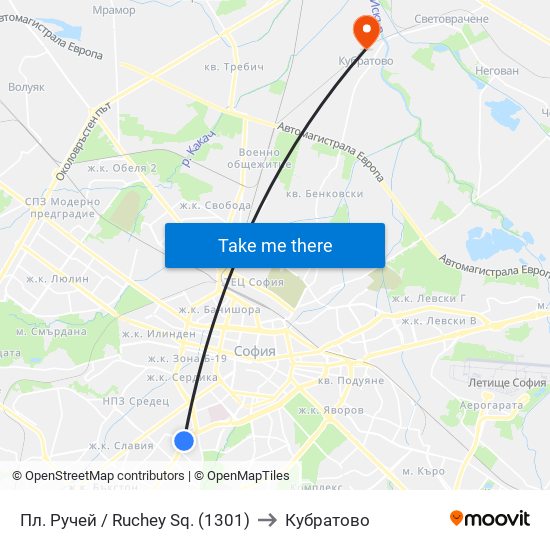 Пл. Ручей / Ruchey Sq. (1301) to Кубратово map