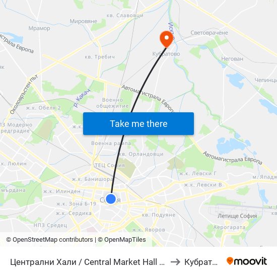 Централни Хали / Central Market Hall (2337) to Кубратово map