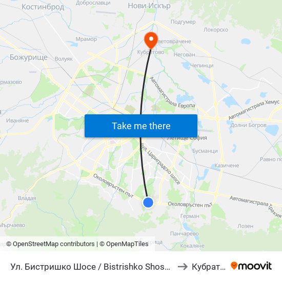 Ул. Бистришко Шосе / Bistrishko Shosse St. (0864) to Кубратово map
