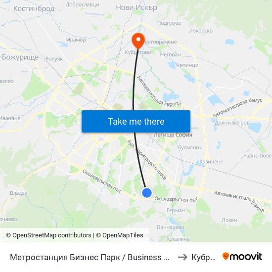 Метростанция Бизнес Парк / Business Park Metro Station (2490) to Кубратово map