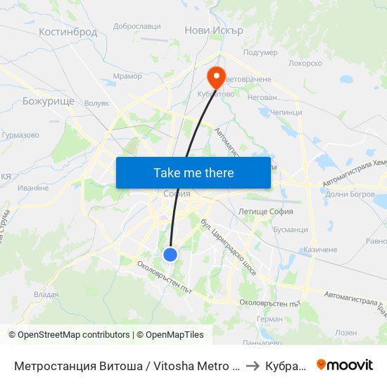 Метростанция Витоша / Vitosha Metro Station (2756) to Кубратово map