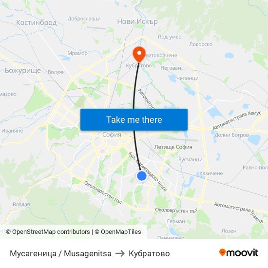Мусагеница /  Musagenitsa to Кубратово map