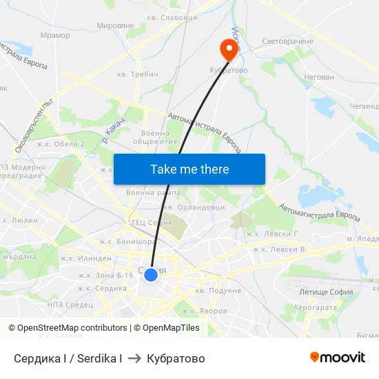 Сердика I / Serdika I to Кубратово map