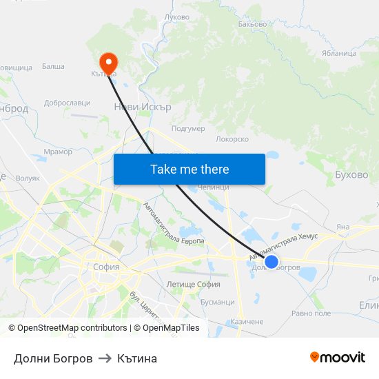 Долни Богров to Кътина map