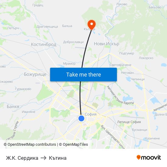 Ж.К. Сердика to Кътина map