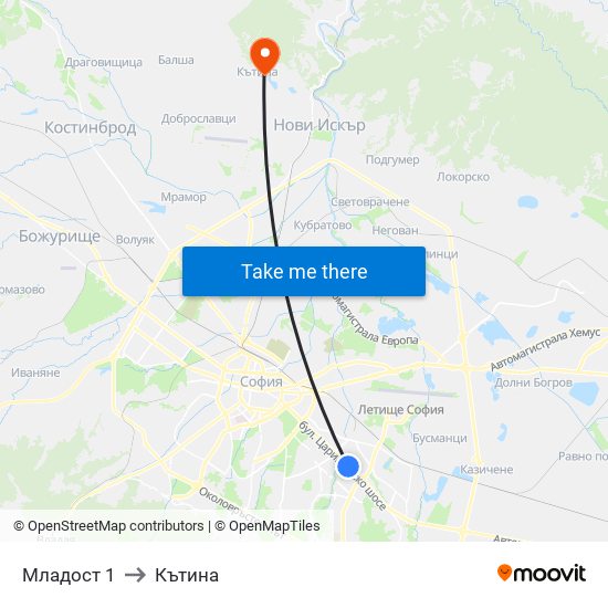 Младост 1 to Кътина map