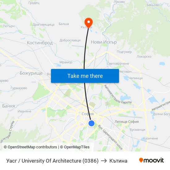 Уасг / University Of Architecture (0386) to Кътина map