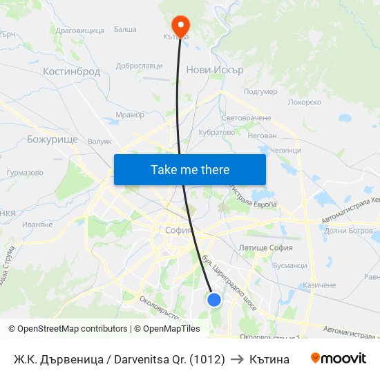 Ж.К. Дървеница / Darvenitsa Qr. (1012) to Кътина map