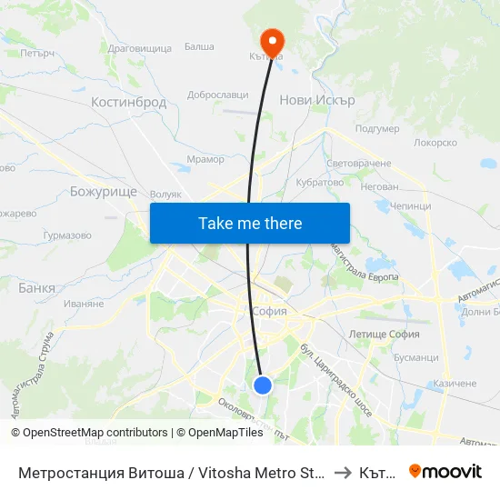 Ⓜ️ Метростанция Витоша / Vitosha Metro Station (2654) to Кътина map