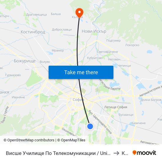 Висше Училище По Телекомуникации / University Of Telecommunications And Post (1396) to Кътина map