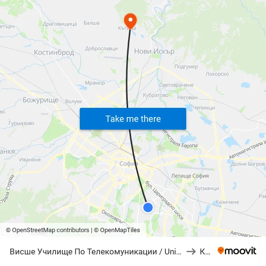 Висше Училище По Телекомуникации / University Of Telecommunications And Post (1396) to Кътина map