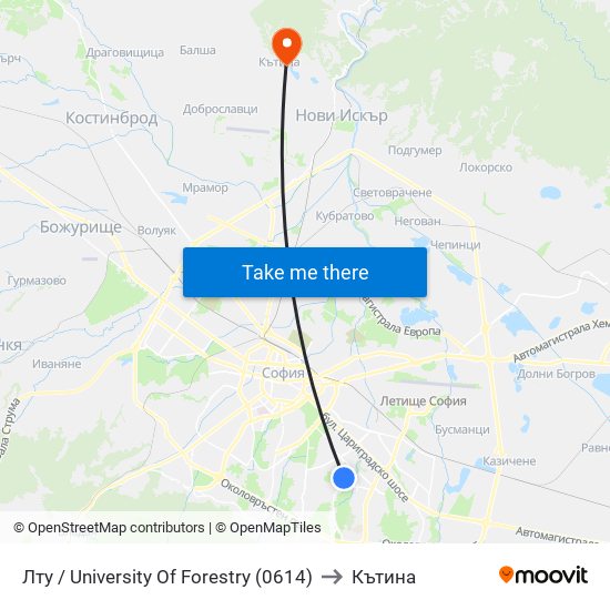 Лту / University Of Forestry (0614) to Кътина map