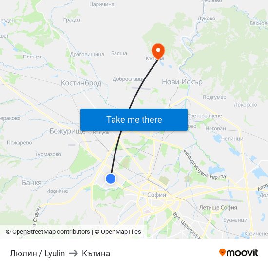 Люлин / Lyulin to Кътина map