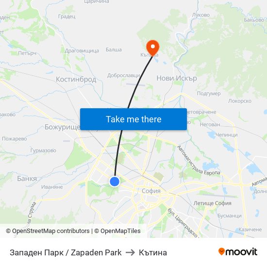 Западен Парк / Zapaden Park to Кътина map