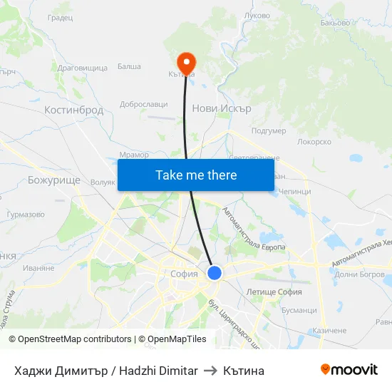 Хаджи Димитър / Hadzhi Dimitar to Кътина map