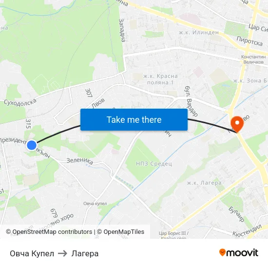 Овча Купел to Лагера map