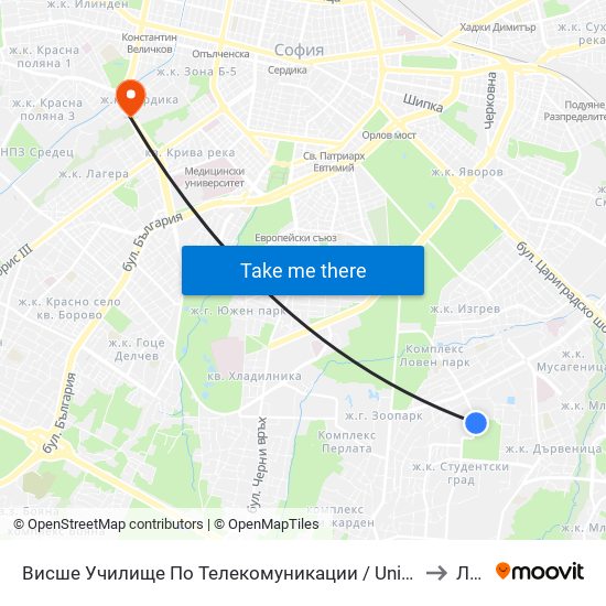 Висше Училище По Телекомуникации / University Of Telecommunications And Post (1397) to Лагера map