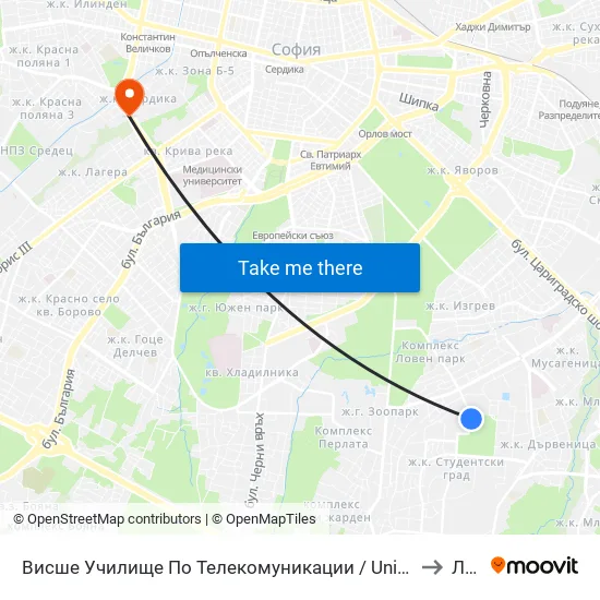 Висше Училище По Телекомуникации / University Of Telecommunications And Post (1397) to Лагера map