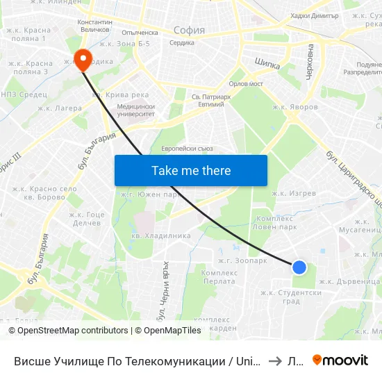 Висше Училище По Телекомуникации / University Of Telecommunications And Post (1396) to Лагера map