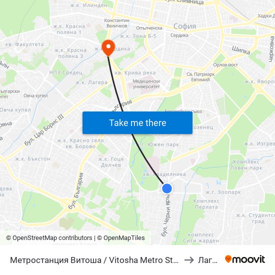 Метростанция Витоша / Vitosha Metro Station (2756) to Лагера map