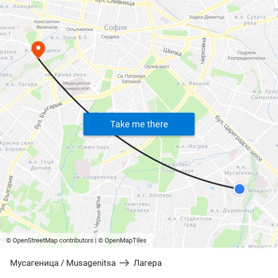 Мусагеница /  Musagenitsa to Лагера map
