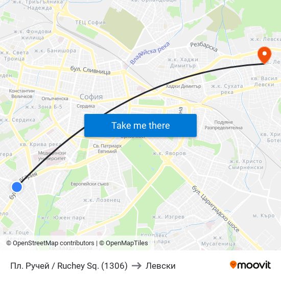 Пл. Ручей / Ruchey Sq. (1306) to Левски map