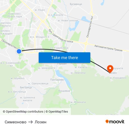 Симеоново to Лозен map