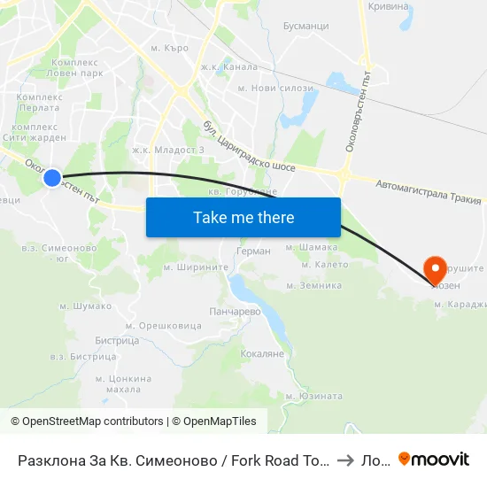 Разклона За Кв. Симеоново / Fork Road To Simeonovo Qr. (1459) to Лозен map