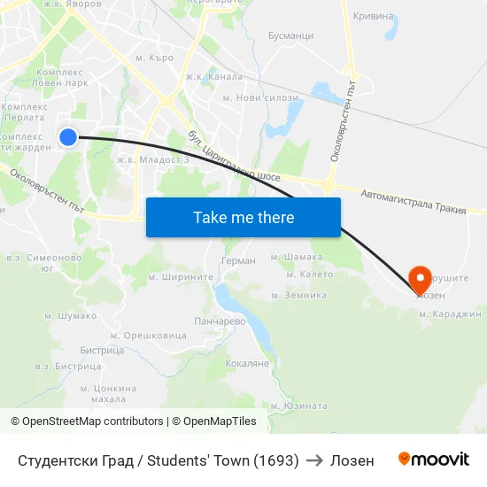 Студентски Град / Students' Town (1693) to Лозен map
