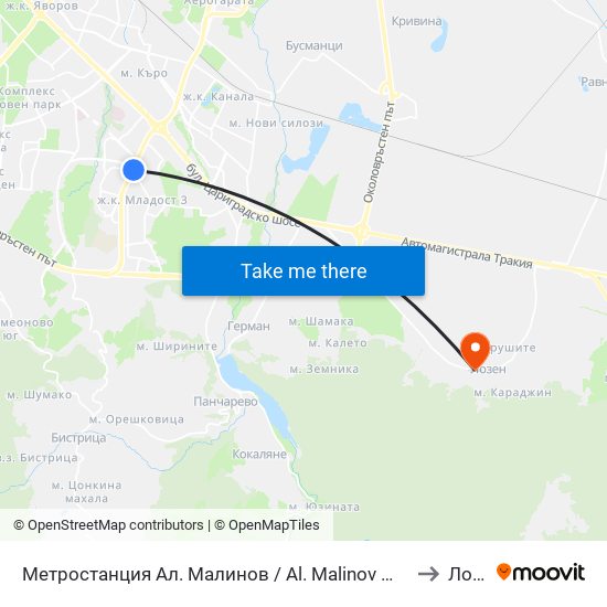 Метростанция Ал. Малинов / Al. Malinov Metro Station (0170) to Лозен map